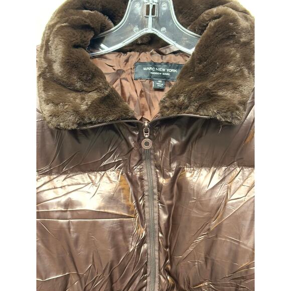 Andrew Marc New York Puffer Jacket Iridescent Brown Faux Fur Trim Coat Womens XS - Picture 4 of 8
